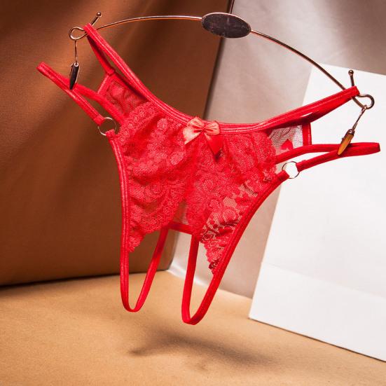 Seksikas läbipaistev tikandid lilledega pitsist stringid metallist sõrmus vibusõlme dekoor Avatav jalgevahe Madala kõrgusega õhukesed püksid