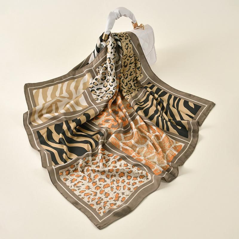 68*68cm Leopard Print Silk Scarf for Women Imitation Silk Light Luxury Versatile Headwear Bag Decoration Clothing Square Scarf
