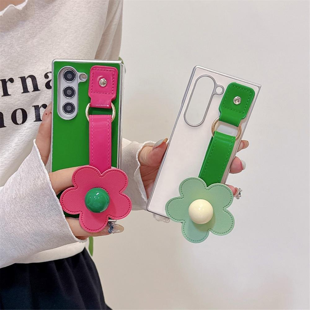 Cartoon Flower Wristband Leather Case for Samsung Galaxy Z Fold 7 6 5 Zfold 3 4 Color Collision Wrist Strap Shockproof Ins Cover