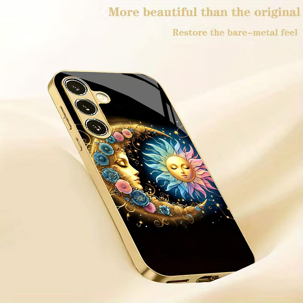 Star Moon Metallic Glass Phone Case Suitable for Samsung Galaxy S26 S25 S24 S22 S21 S20 FE/Ultra/Plus Anti Drop Rear Cover