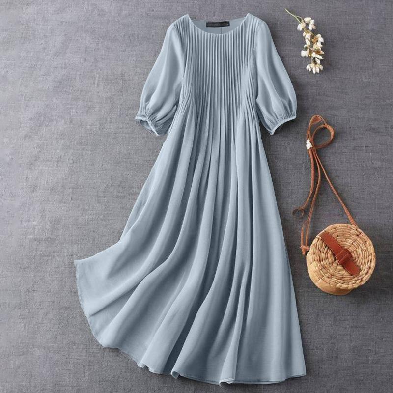 ZANZEA Women Casual Round Neck Summer 3/4 Sleeve Loose Dress