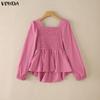 VONDA Womens Square Collar Long Sleeve Ruffled Casual Rumple Blouse Shirts