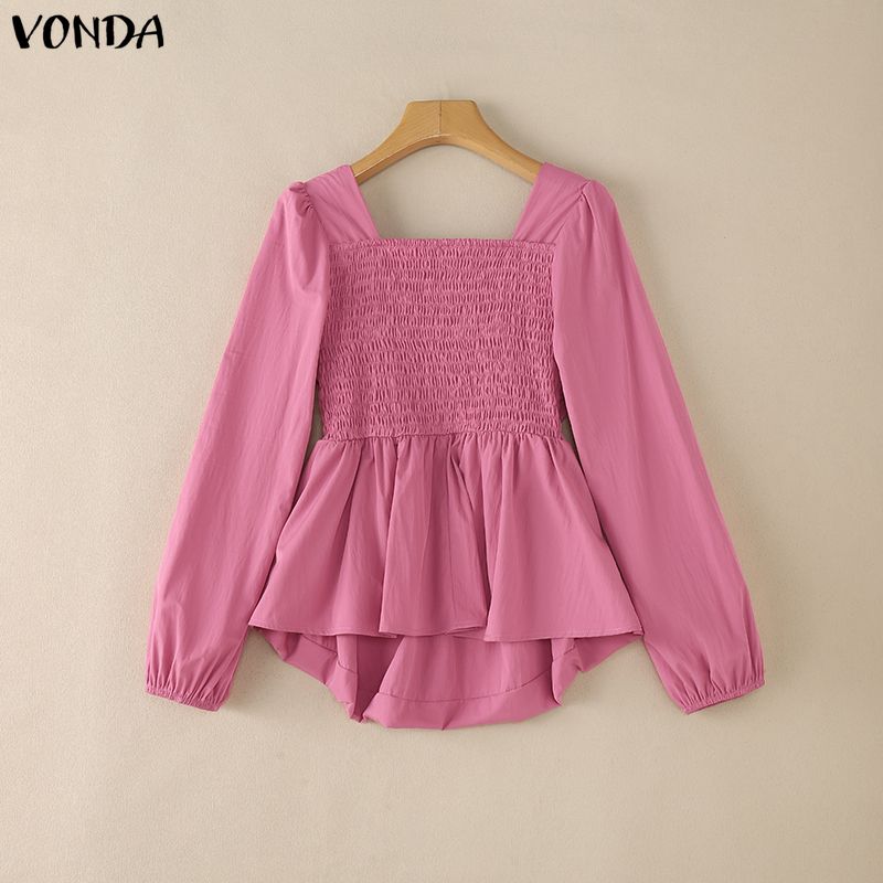 VONDA Womens Square Collar Long Sleeve Ruffled Casual Rumple Blouse Shirts