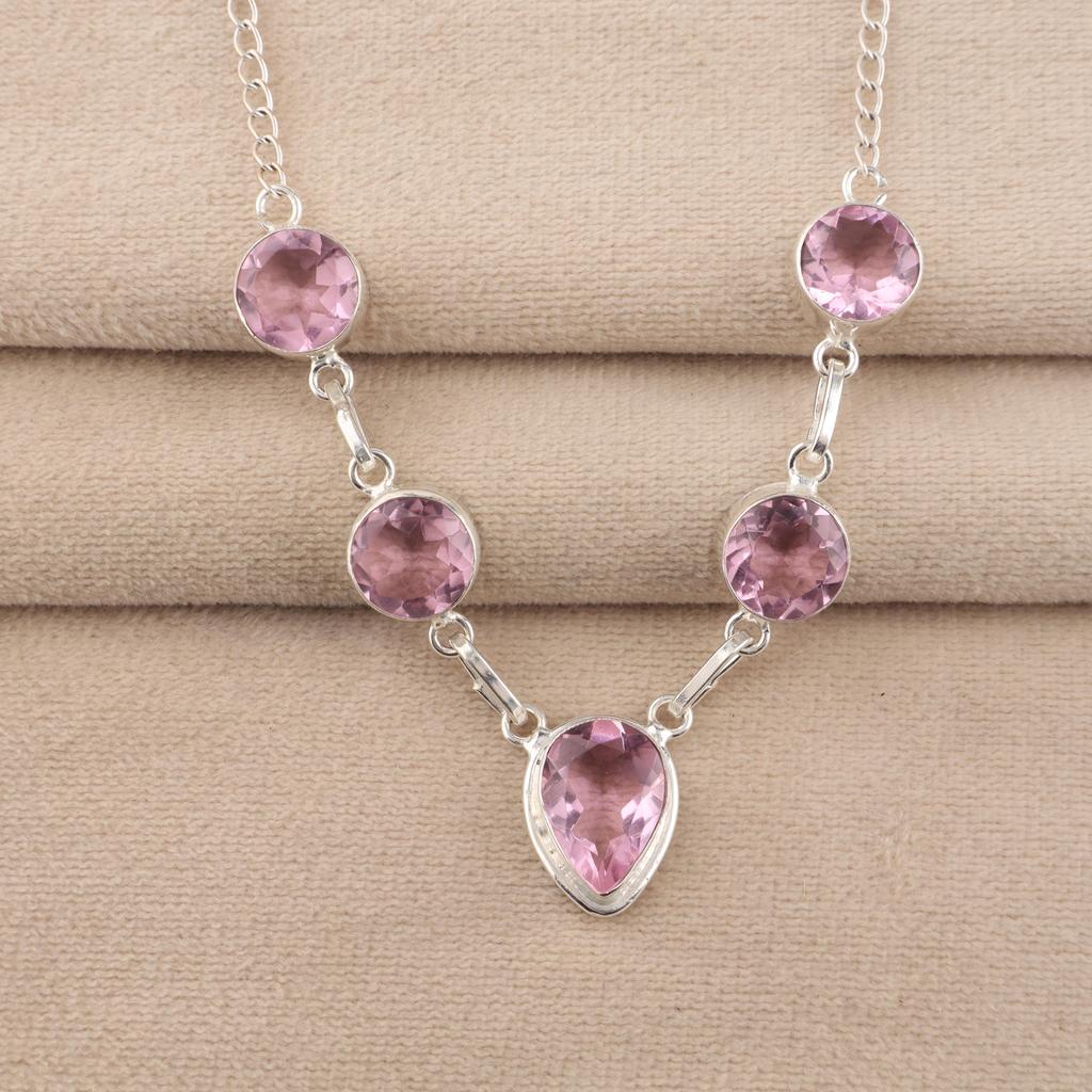 Morganite Gemstone 925 Sterling Silver Handcrafted Partywear Necklace 16-18" Gift For Anniversary RN-3-4