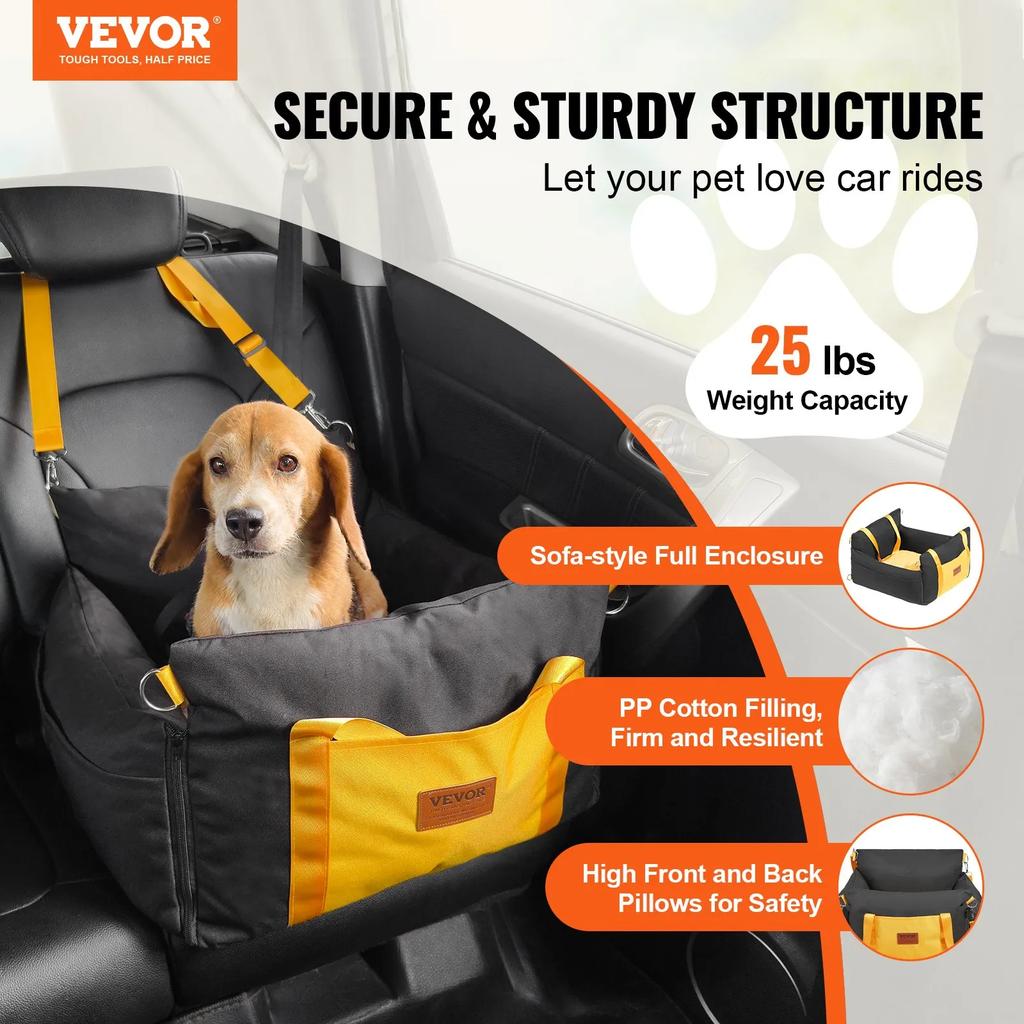 VEVOR Siège Auto pour Chien, Rehausseur Imperméable pour Chien avec Poignées Latérales et Poche de Rangement, Laisse de Sécurité à Clipser et Rembourrage en Coton PP