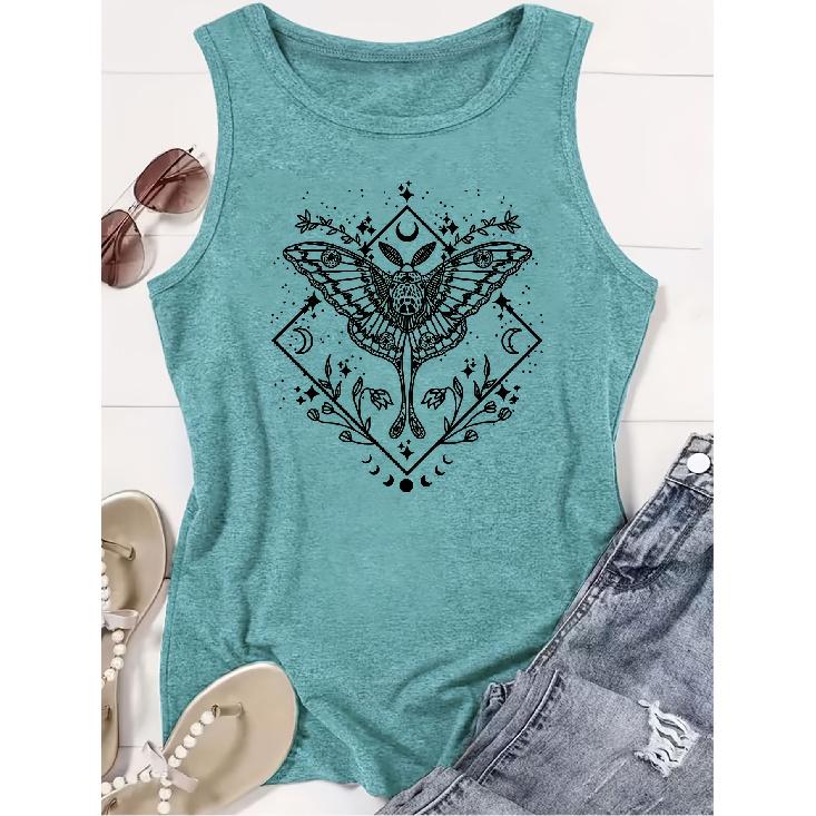 2026 New Geometric Moth Star Moon Print Round Neck Women Sleeveless Vest Soft Comfort Versatile Casual Summer Tank Top