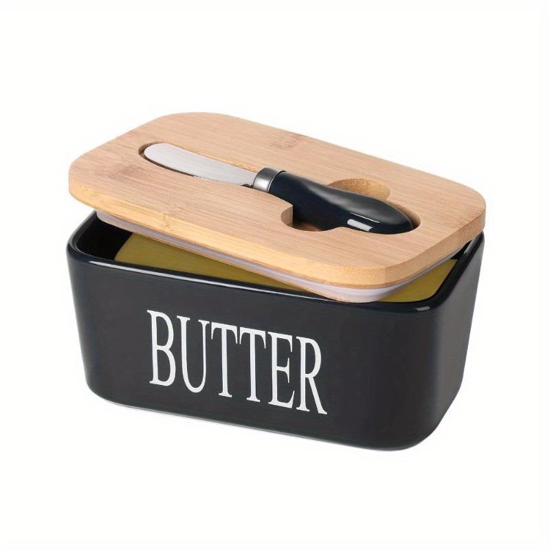 Large Ceramic Butter Dish with Wooden Lid Stainless Steel Knife Bamboo Cover Silicone Seal Kitchen Storage