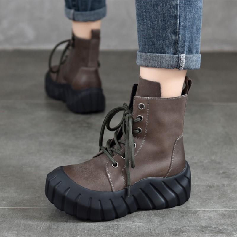 Johnature Genuine Leather Thick Soled Boots Retro Round Toe Lace Up Women's Platform Boots