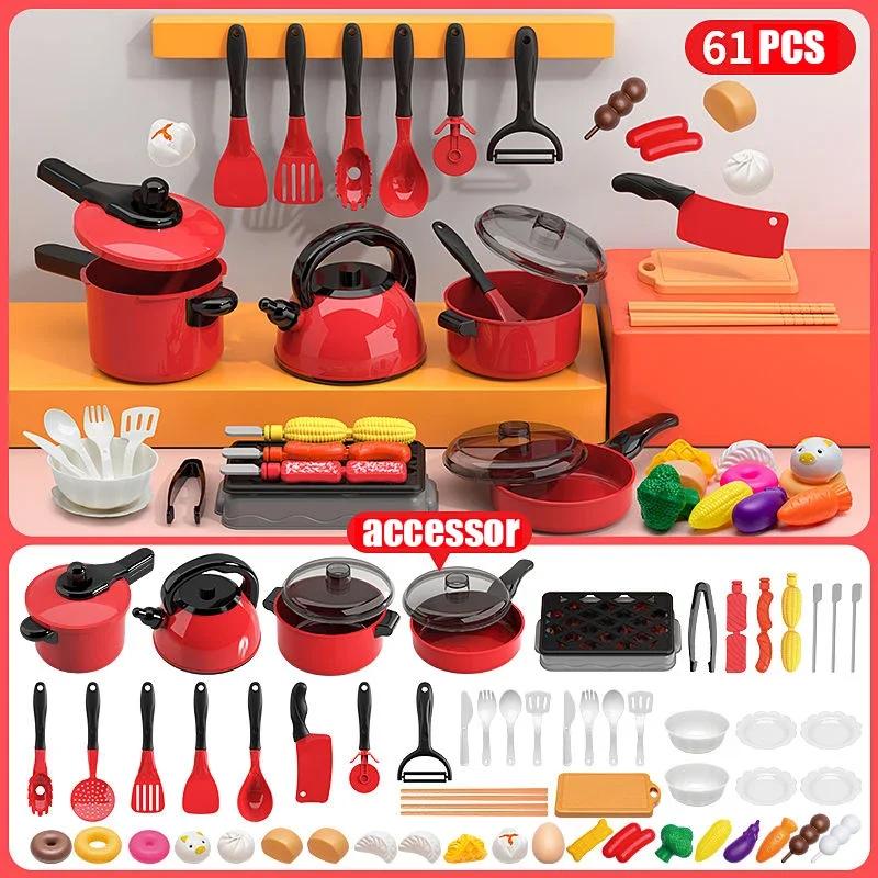 Kids Toys Pretend Play Red Kitchen Toys Simulation Food Cooking Girl's Boys Educational Play House Interactive Toys for Children