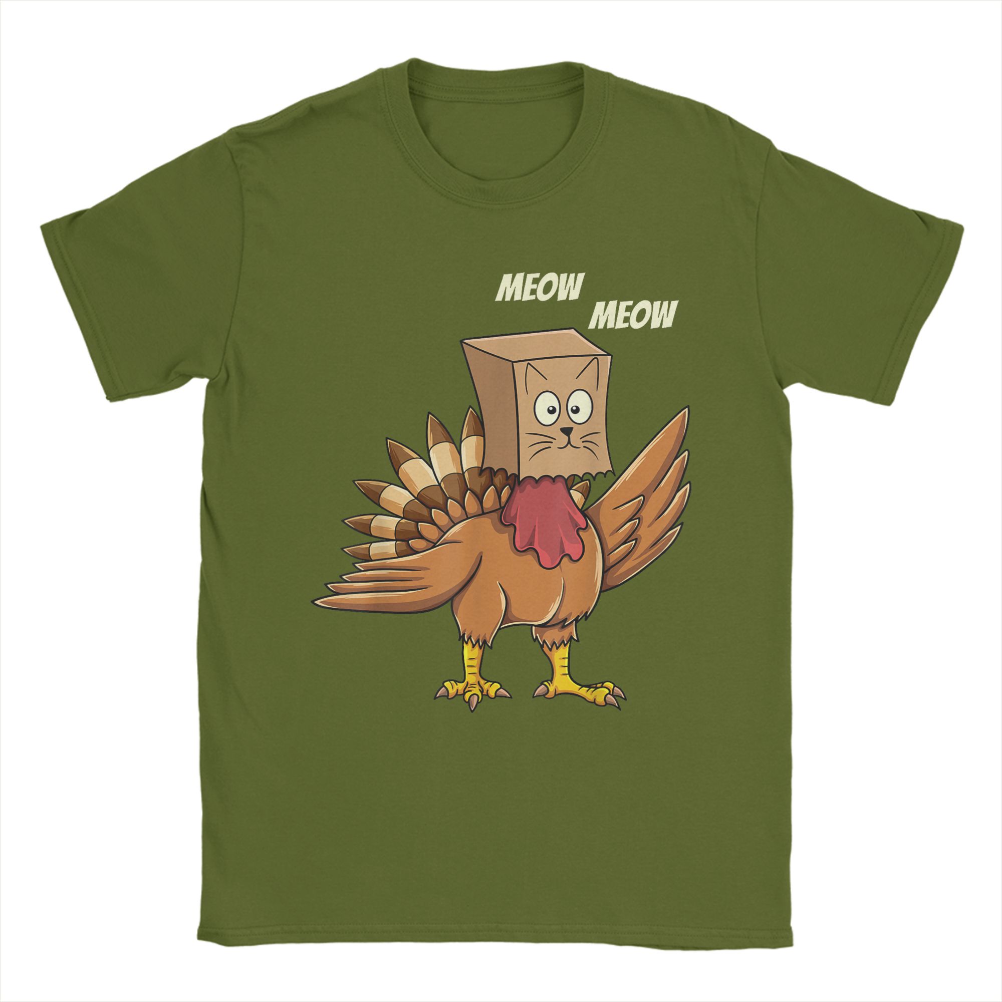 Thanksgiving Turkey Cat Meow Funny Thanksgiving Men s T Shirts Novelty Tee Shirt Short Sleeve Crew Neck T-Shirt Gift Clothing 4XL