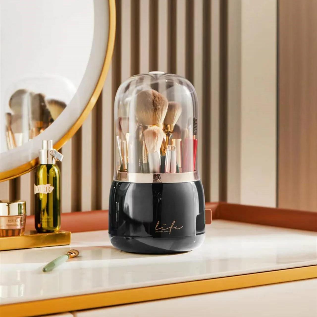 

360° Rotating Makeup Brushes Holder Portable Desktop Makeup Organizer Cosmetic Storage Box Make Up Tools Jewelry Container чорний
