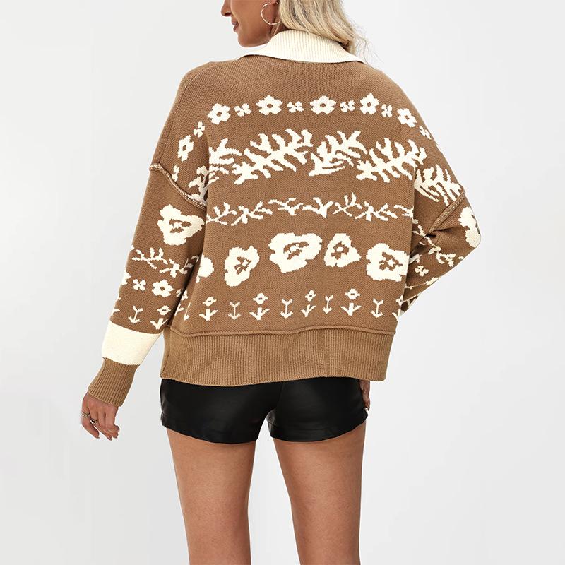 VEZFAA Moda feminina casual outono inverno manga comprida gola polo suéteres