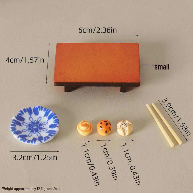 Miniature Wooden Dollhouse Table with Chinese Pastry Display Toys