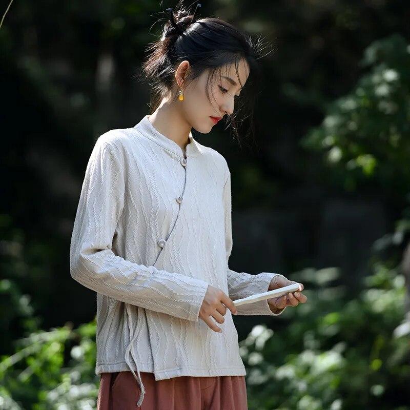 Johnature Chinese Style Vintage Frenulum Jacquard Collar Shirt Autumn Woman Solid Color Long Sleeves Shirt