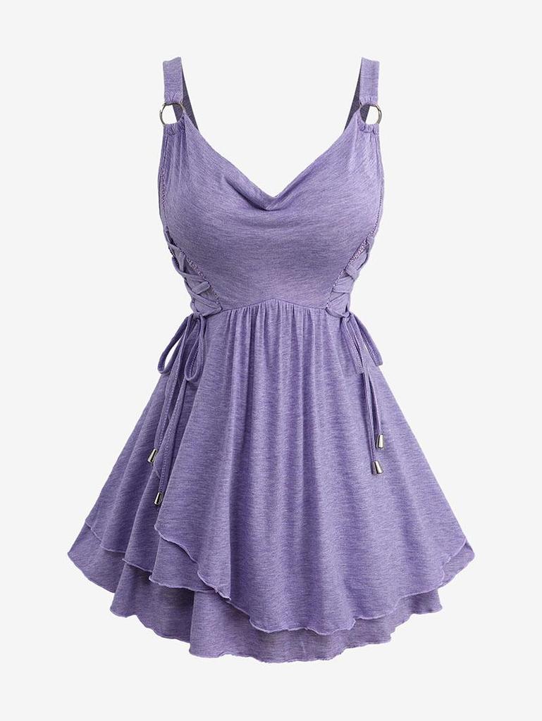 Rosegal Plus Size Cowl Neck O-Ring Lace Up Ruffles Marled Tank Top
