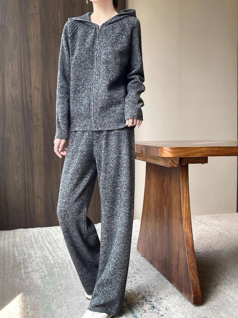 Luxury Women's Hooded Wool Set: Autumn/Winter Two-Piece with Zipper Cardigan & Wide-Leg Pants