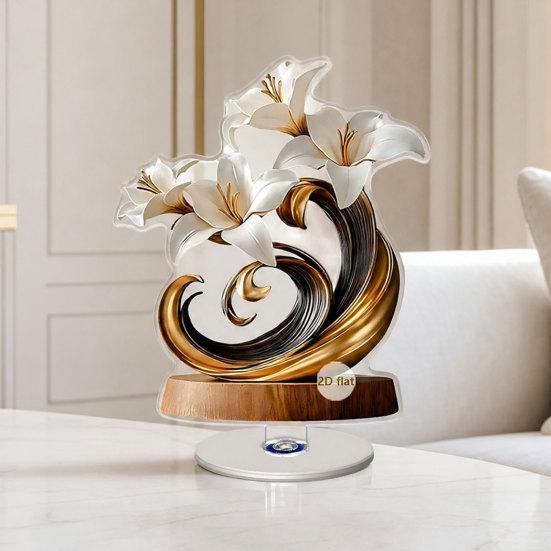 2D Flat Flower Ornament, 360-Degree Rotating Vase Acrylic Ornament with Base, Flower Vase Tabletop Decoration for Home Desk Shelf Decor