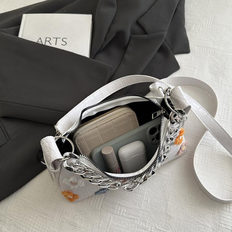 New Crocodile Pattern French Toast Bag Fashion Flower Embroidery Chain Shoulder Bag Women's Shoulder Cross-Body Bag AVE