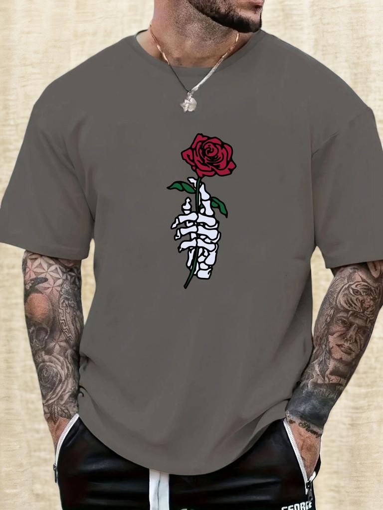 2025 Summer Essential Mens Tee Edgy Artistic Vintage Inspired Goth Skeleton Hand Rose Print 100 Cotton Short Sleeve Casual Top