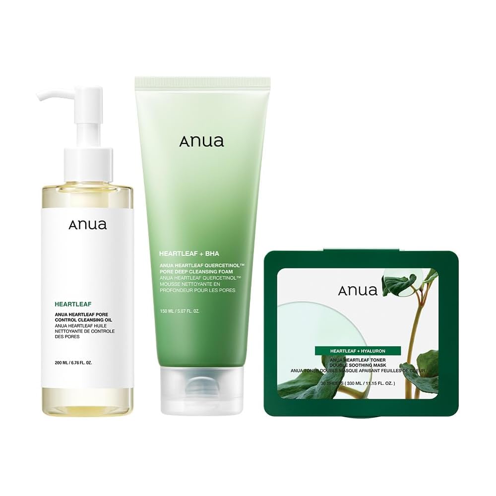 Anua Cleansing Oil 200ml + Deep Cleansing Foam 150ml + Soothing Mask Pack 30pcs for Oily and Combination Skin Care