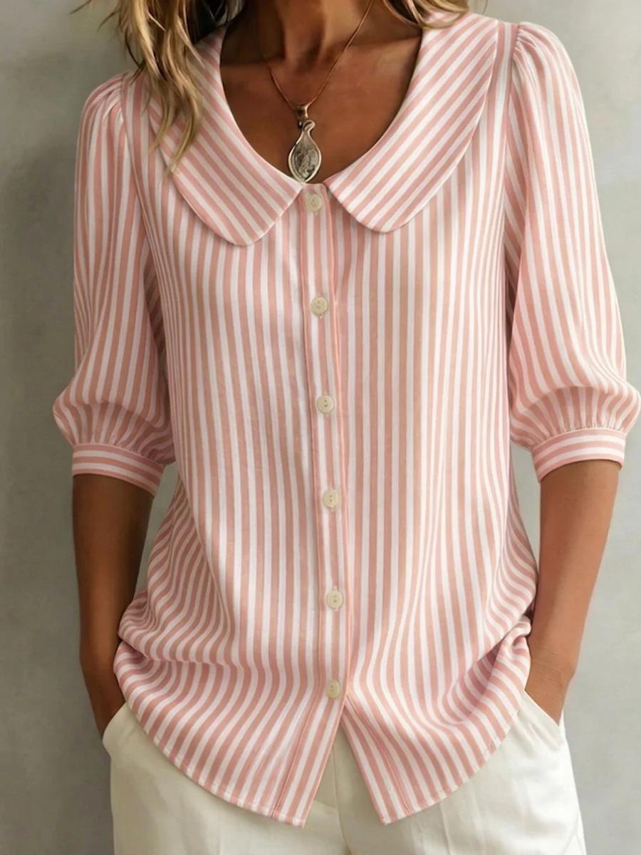 

Women s Short Sleeve Vertical Striped V Neck Blouse with Peter Pan Collar S розовый