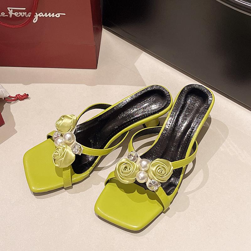 Fashion Pearl Flower Women Slippers Square Toe High Heels Shoes Luxury New Sandals Designer 2025 Summer Sexy Dress Party Woman Pumps