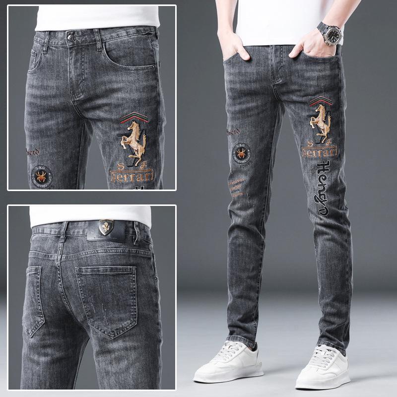 Men's Trendy Slim-Fit Ripped Skinny Jeans with Elastic Fabric and Stitched Patches