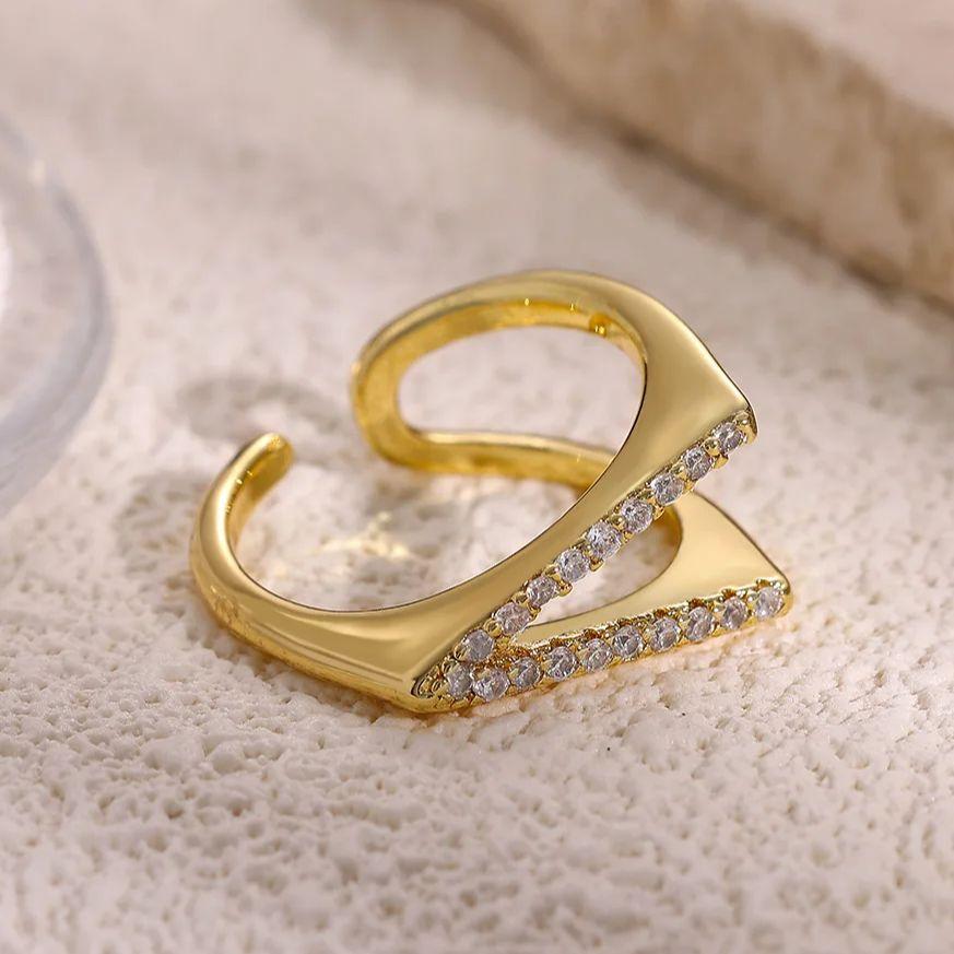 Luxury Zircon Geometric V Rings For Women Gold Color Stainless Steel V Shape Adjustable Ring Wedding Christmas Jewelry Gift