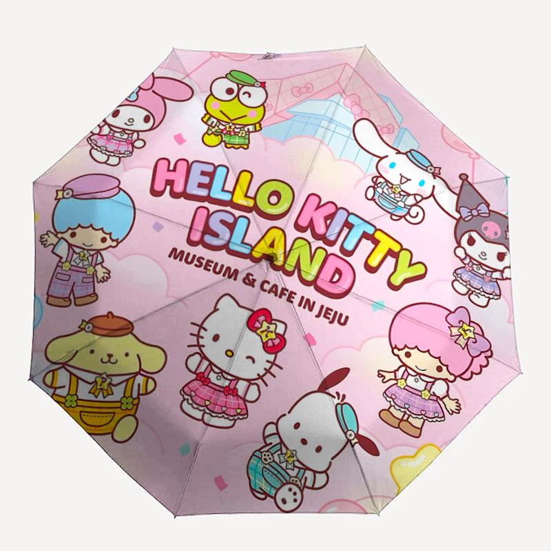 1pc Hello Kitty Island Museum & Cafe in Jeju Automatic Opening Umbrella - Portable Three-Fold Design with 8-Bone Iron Frame, Perfect for Fans, Travele