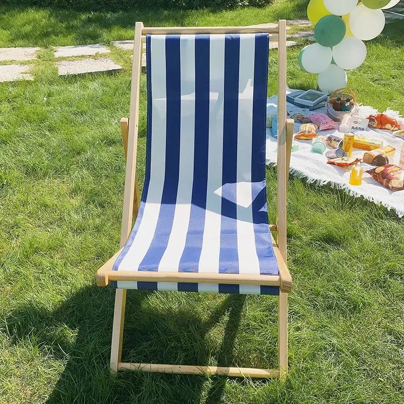 Outdoor Minimalist Beach Chair Modern Luxury Design Wooden Foldable Lounge Oxford Cloth Portable Comfortable Leisure Furniture