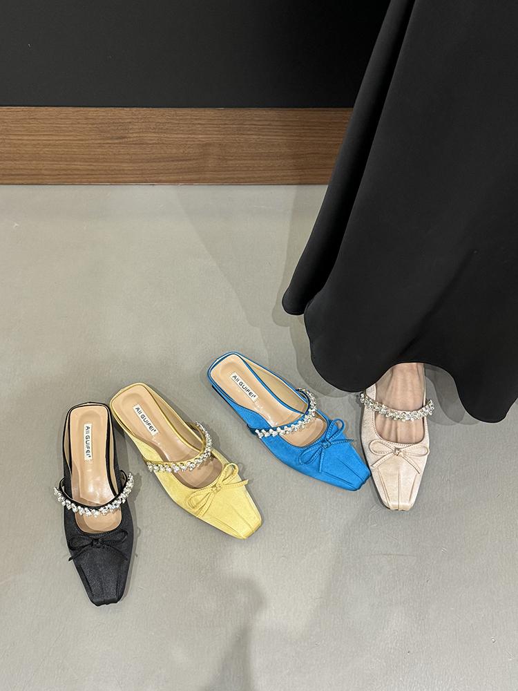 Fashion Women's Slip-on Flats with Bow Decoration Female Mules Low Heel Party Pumps Dress Chunky Heels Ladies Shoes Zapatos De Mujer