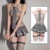 Transparent JK Uniform Nightdress Sleeveless Women Lingerie Set Elegant Mesh Hollow Nightgown  Home