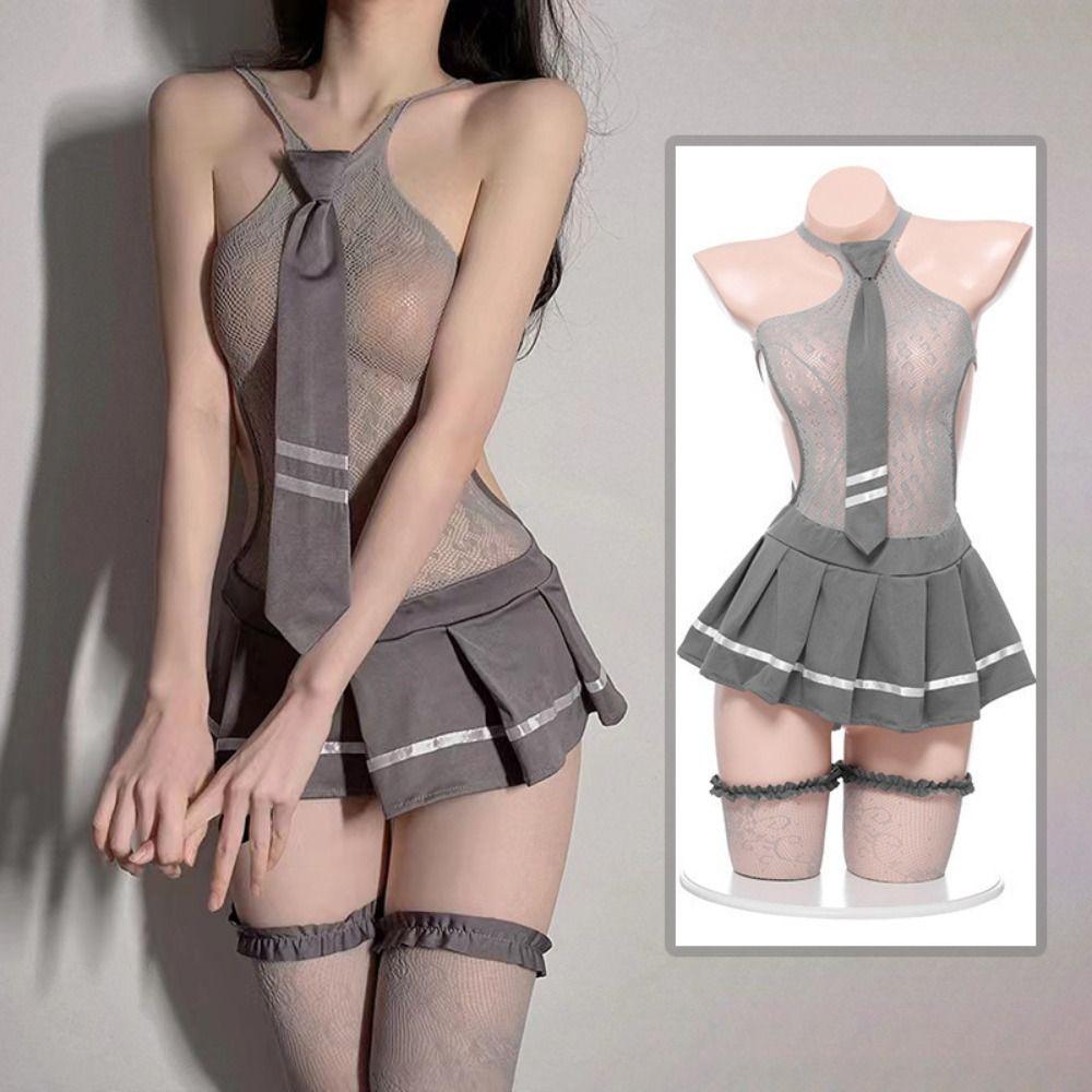 Transparent Mesh Hollow Nightgown Nightwear Women Lingerie Set Fashion JK Uniform Nightdress  Home