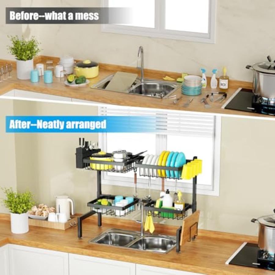 4 Baskets 2-Tier Over The Sink Dish Drying Rack 26.57-35 Large Sink Rack for Kitchen Extensible and Adjustable Saving Kitchen S