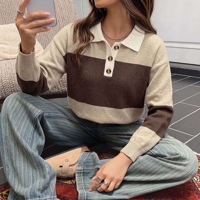 2026 Retro Color Block Stripe Polo Collar Sweater - Women's Long Sleeve Knitwear for Autumn/Winter Casual Wear