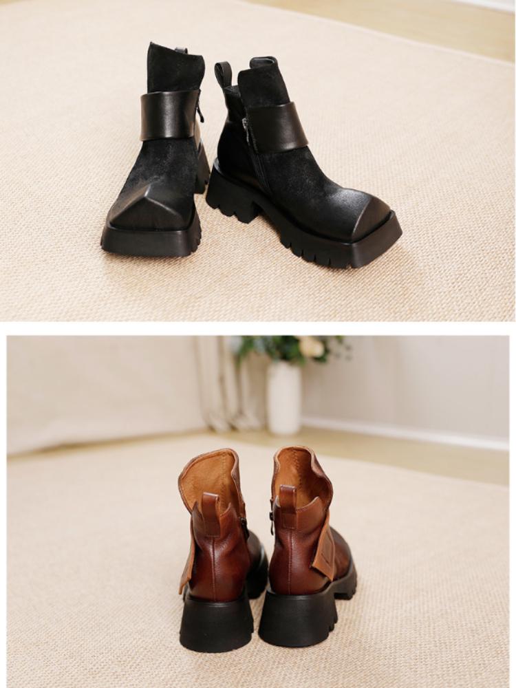 Johnature Genuine Leather Square Toe Short Boots Retro Thick Sole Thick Heels Women's Shoes
