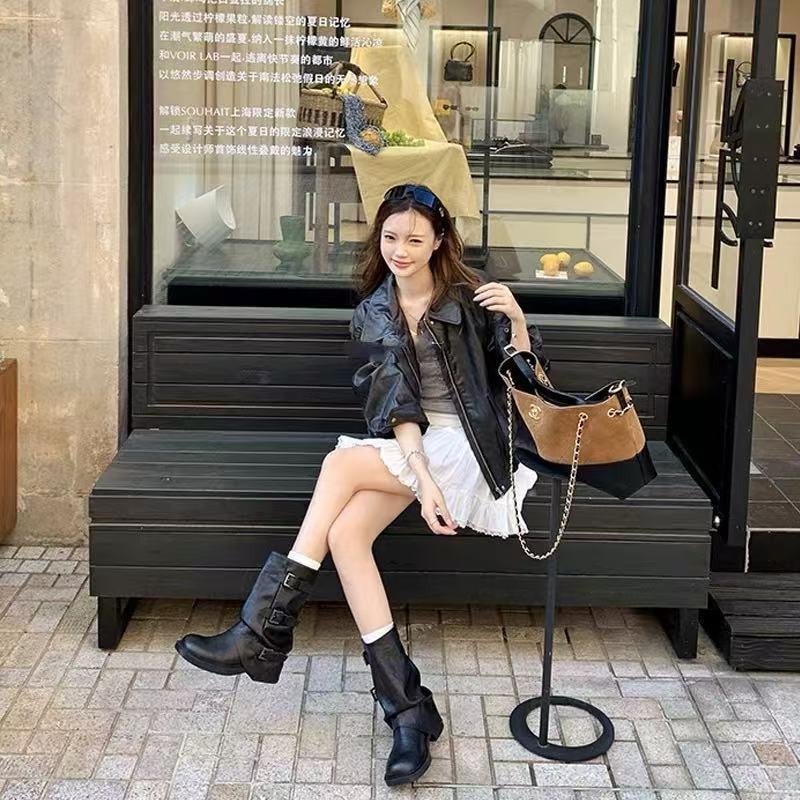 [Ruodan] Spice Girls Pants Boots~ 6.5cm Height Increasing Buckle Mid Tube Western Knight Boots Women's Pile Boots