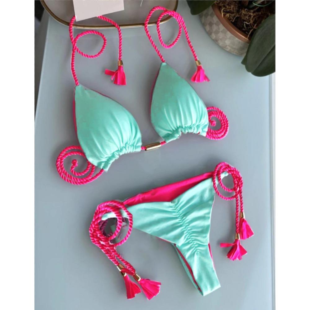 Costum de baie european și american geantă triunghiulară sexy pentru femeie Split Culoare uni Bikini sexy cu frânghie împletită multicoloră