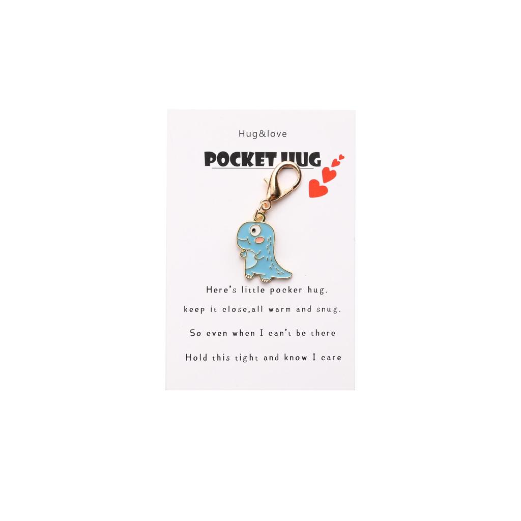 Cute Cartoon Dinosaur Keychain with POCKET HUG English Hug Card and Bag Pendant