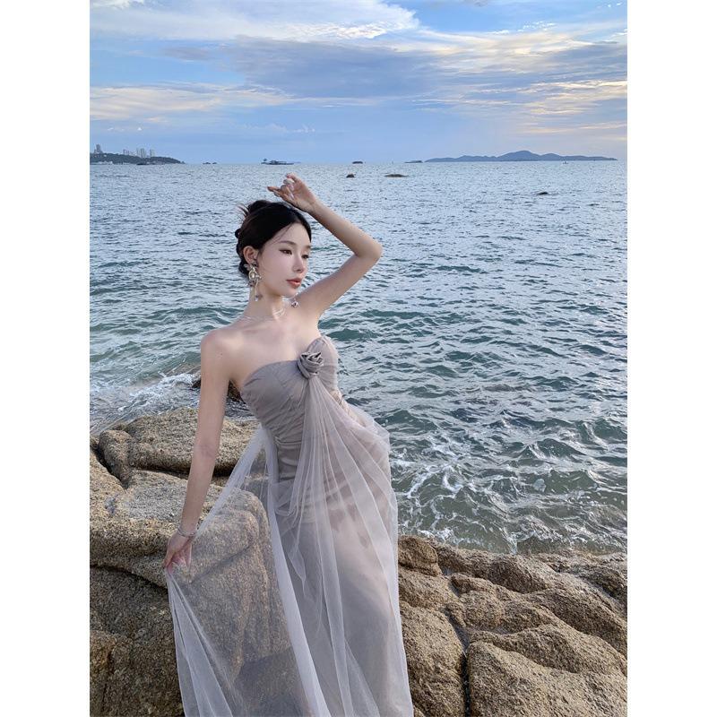 Clavicle One-word Shoulder Super Fairy Mesh Tube Top Dress Slim and Thin Sexy Hot Girl Off-the-shoulder Female Summer Long