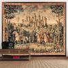 2D Medieval Castle Tapestry Wall Decor with Knights and Scenic Border