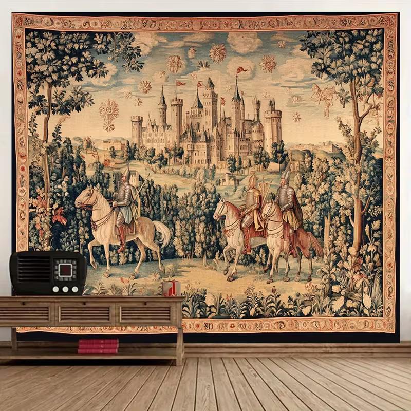 2D Medieval Castle Tapestry Wall Decor with Knights and Scenic Border
