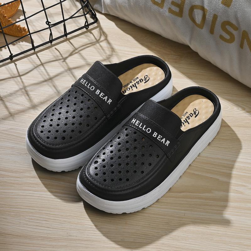 נעלי בית מבד דמוי עור, מונעות החלקה, עם סוליה עבה, לנשים בגיל הביניים: עקב בינוני ולבוש חוץ