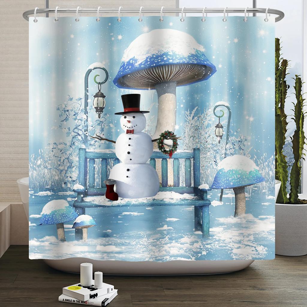 Christmas Shower Curtain Xmas Tree Winter Forest Snow Cute Snowman Bathroom Shower Curtain Waterproof Bath Curtain With Hook