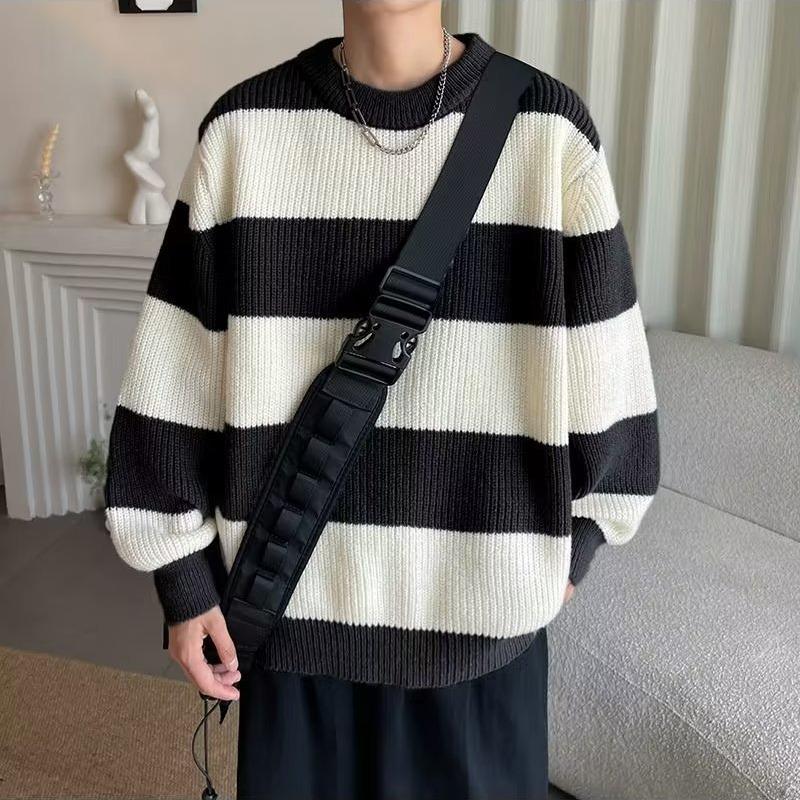 Sweater Men's Autumn and Winter Warm Loose Primer Thread Jacket American Casual Contrasting Color Trendy Brand Striped Crew Neck Knitted Sweater