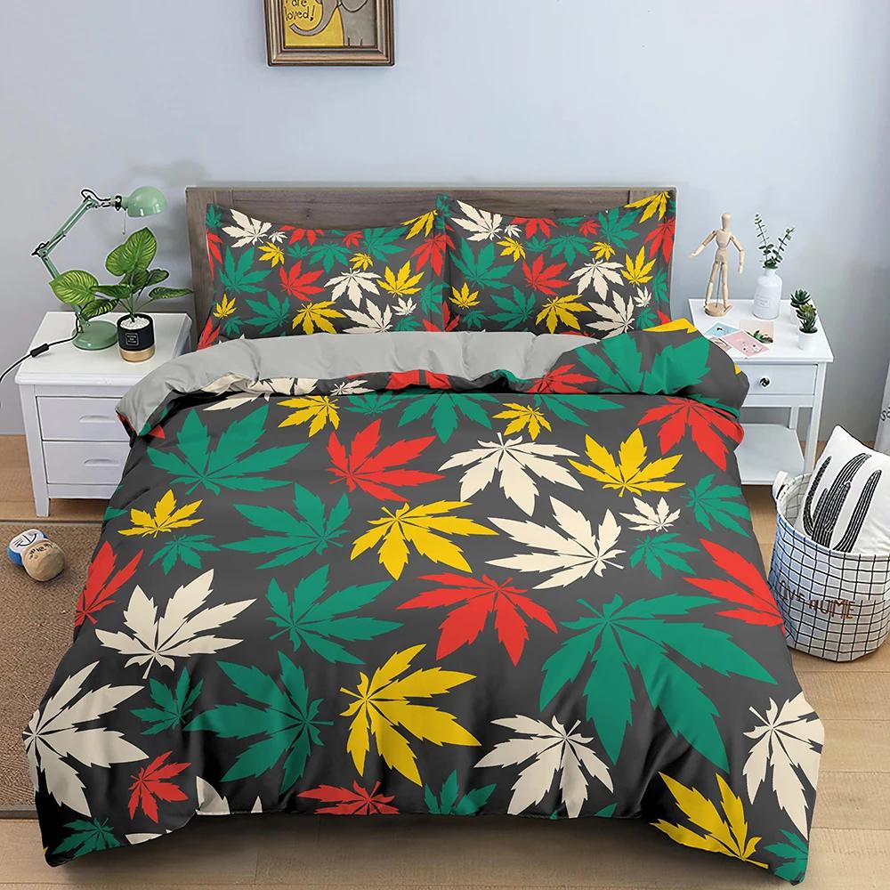 Maple Leaves King Queen Bedding Set Psychedelic Weed Leaf Duvet Cover Colorful Stripes 2/3Pcs Polyester Quilt Cover