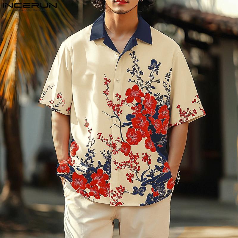 

INCERUN Summer Men Short Sleeve Buttons Up Floral Print Casual Loose Shirts Tops