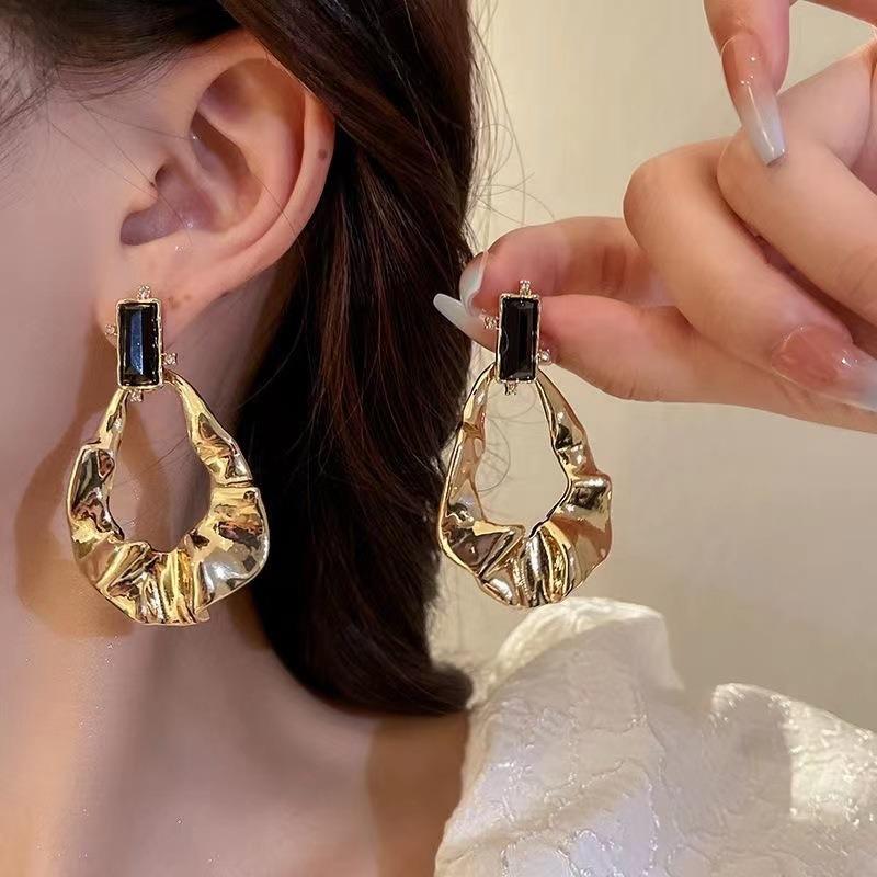 Exaggerated Irregular Gold Color Stainless Steel Fold Drop Dangle Earrings for Women Temperament Inlay Crystal Stud Jewelry Gift