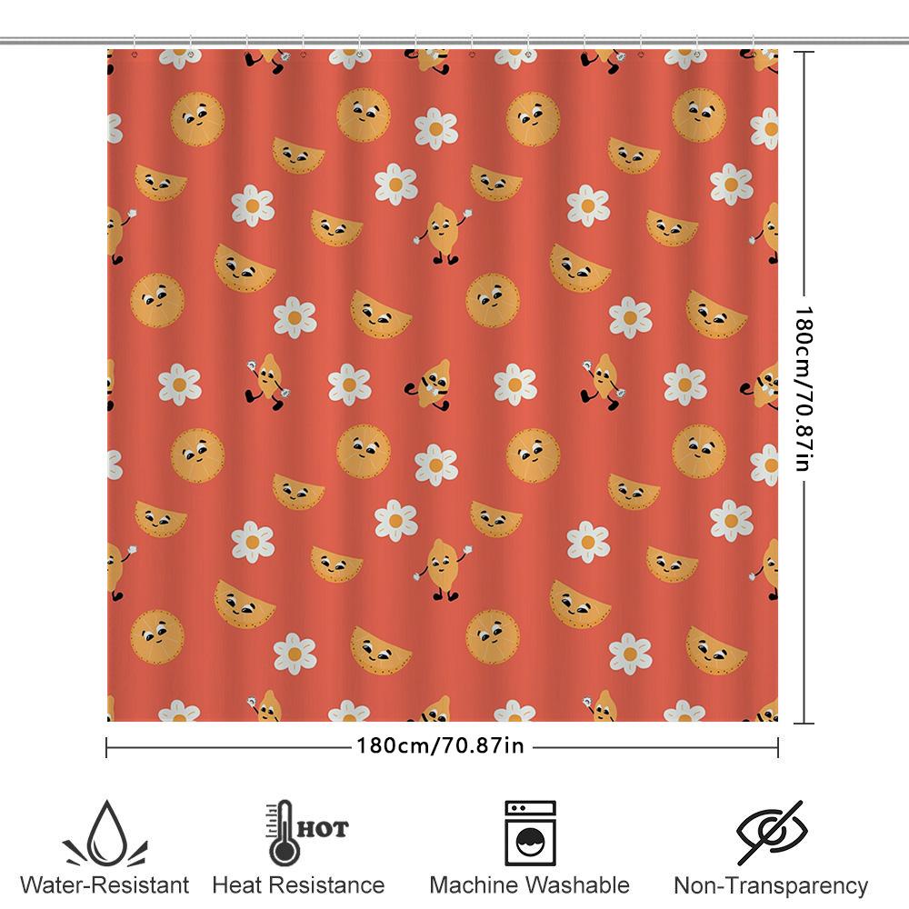 Fruit Pattern Shower Curtain With Cartoon Design For Bathroom Decor Peach Color, Waterproof Fabric Suitable For Kids' Rooms Or K