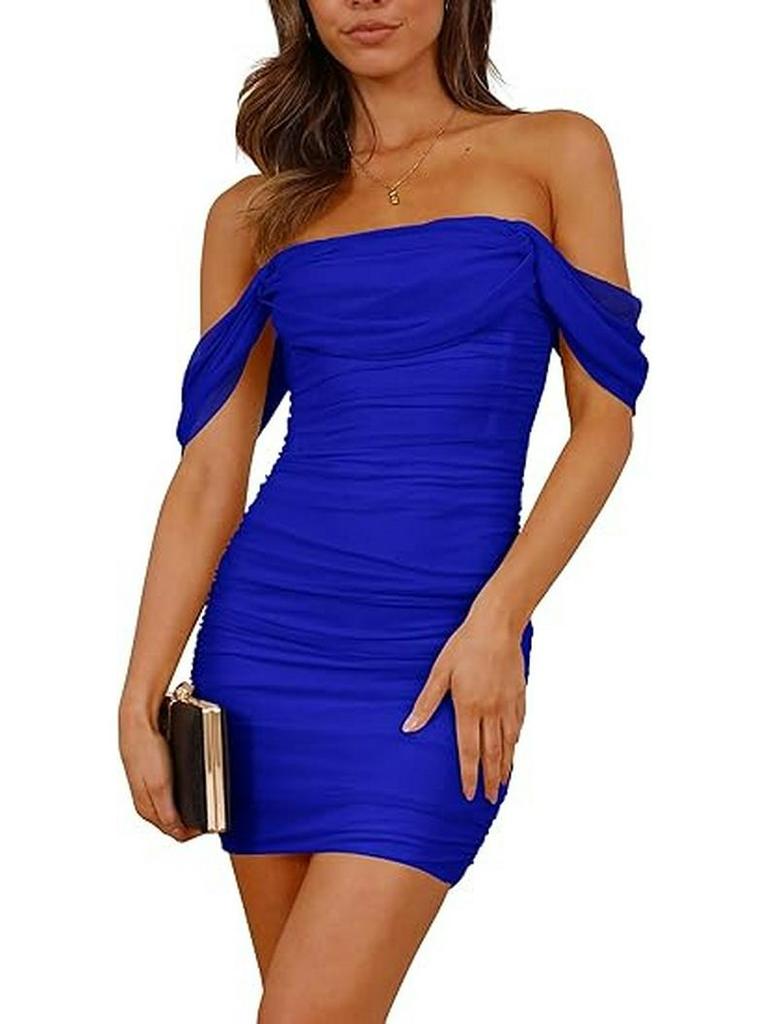 Off-Shoulder Ruched Bodycon Dress - European/American Style for Parties/Commutes